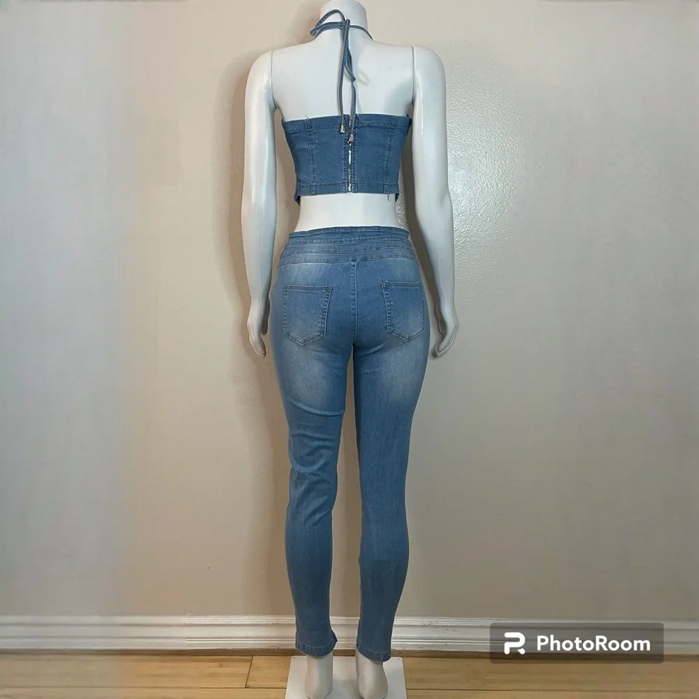 Light blue denim cutout halter rings crop top distressed skinny jeans set
